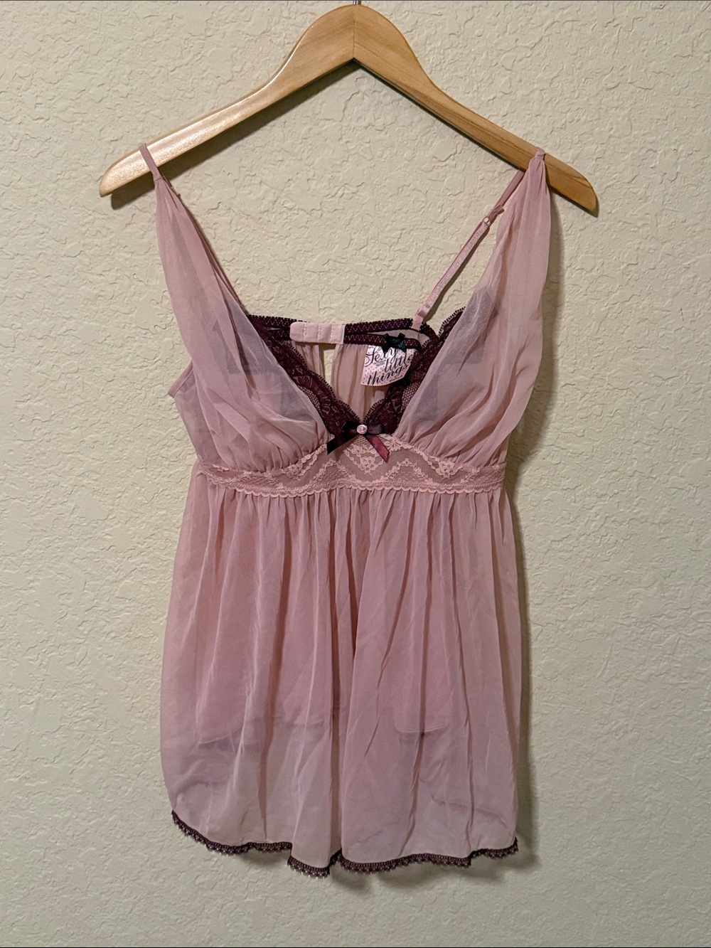 Victoria's Secret Pink Sheer Babydoll Chemise with Burgundy Trim Y2K